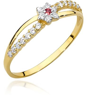 MARKO Goldener Damenring 333 Gold (8 Karat) mit Zirkonia – Eleganter Blüten-Ring im Blumen-Design – Zarter Goldring als Geschenk für Frauen & Mädchen (Roter Zirkoniumdioxid, 63 (20.2))