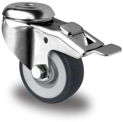 Lenkrolle mit Rückenloch und Feststeller 50 mm Thermoplastisches Gummi Apparaterolle Edelstahl