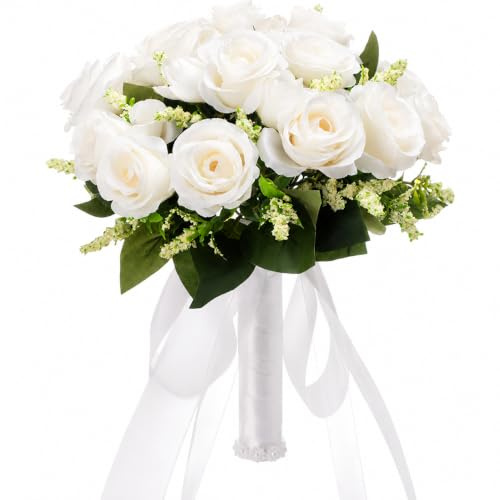 Brautstrauß Kunstblumen m. weißen Rosen u. Blattwerk Ø 25 cm für Hochzeit