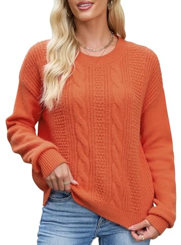 Jumper Sweater Women Chunky Pullover Thick Warm Winter Jumpers Cable Knitted Clothing Ladies Crew Neck Baggy Sweaters Long Sleeve Fall Tops (Orange, L)