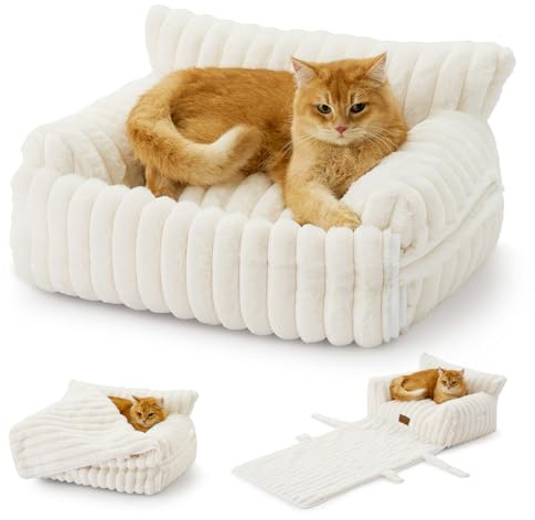 COZY KISS Cute Cat Bed with Removable Cover, Multifunctional Plush Faux Fur Pet Couch Bed with Blanket, Ultra-Soft Pet Furniture for Cats & Small Dogs (Cream, S: 25''x18'')