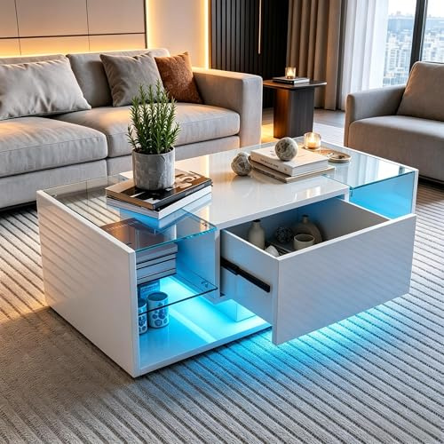 Tavolino da salotto lucido a LED, tavolino quadrato con 4 ripiani in vetro e cassetto portaoggetti, tavolo da salotto moderno, sospeso da nordico tavolini per soggiorno/camera da letto (bianco, 100 x