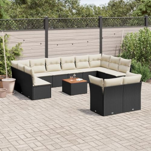 QJBSAVVA Juego de muebles de jardín de polirratán, color negro, 62 x 62 cm, sofá de esquina y sofá central con mesa de madera de acacia, grupo de asientos modulares para exteriores, ahorra espacio