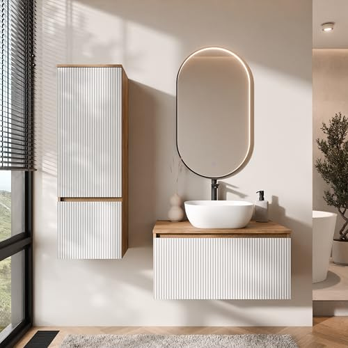Planetmöbel Arisa - Juego de muebles de baño con armario bajo (80 cm, roble dorado y blanco estriado) con espejo Glora y armario alto, lavabo de 42 cm, color blanco, incluye sifón para ahorrar espacio