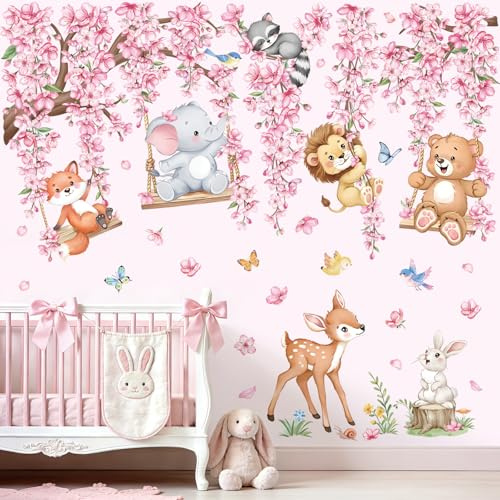 wondever Adesivi Murali Animali Foresta Ramo Albero Rosa Sticker da Muro Fiore di Ciliegio Elefante Orso Cervo Adesivi da Parete per Camerette Bambini Asilo Nido