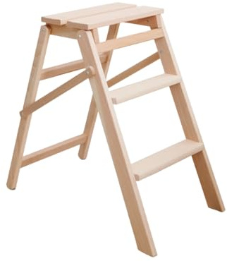 Escalera de 3 peldaños en madera de haya natural, plegable y antideslizante, capacidad de carga: 150 kg, escalera ahorradora de espacio para cocina, armario y casa, 38x65x66 cm, fabricada en Italia