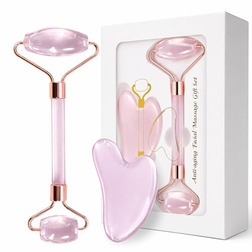 Gua Sha Cuarzo Rosa Cuerpo, Estuche de Masaje Facial y Cuerpo, Rodillo Antienvejecimiento Para Suero, Piedra Gua Sha Esculpiente para Mandíbula y Drenaje Linfático, Portátil