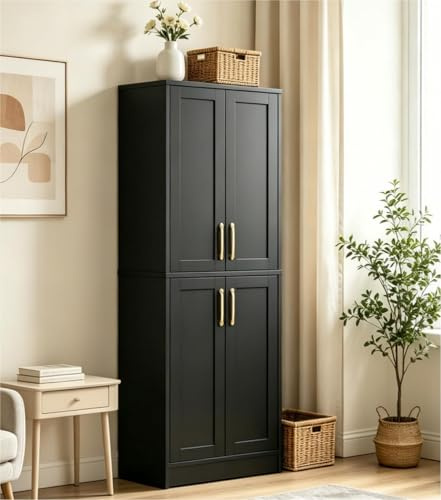 Wooden Storage Cabinet, Freestanding Cupboard Tall Kitchen Hallway Storage Unit, Narrow Pantry Cabinets Sideboard Organizer with 4 Doors and Adjustable Shelves, Gold Metal Handle, 172cm (Black)