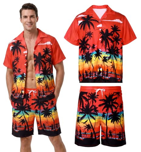 Antsparty Mens Hawaiian Shirt and Shorts Set, 2 Piece Summer Casual Shirt for Men, Hawaiian Fancy Dress for Holiday Beach Party Red