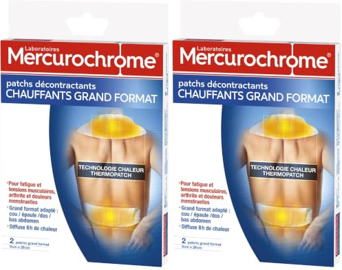 MERCUROCHROME - Patchs Décontractants Chauffants Grand Format - 9x29 cm - Fatigue et Tensions Musculaires, Arthrite et Douleurs de Règles - 8h de chaleur - 2 Unités (Lot de 2)