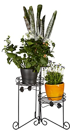 Relaxdays Metal Flower Stand, Powder-Coated, 3 Shelves, Decorative, 50 cm Tall, Plant Stairs, Black