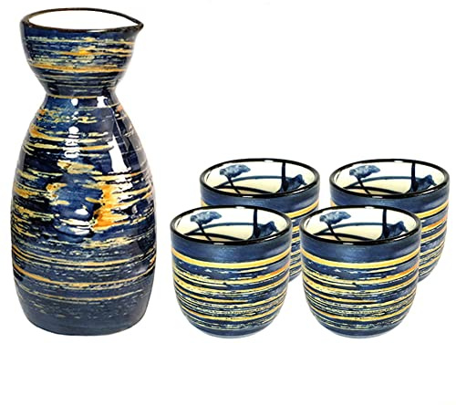 Set di tazze da sake giapponesi con design tradizionale dipinto a mano, in porcellana, in ceramica, tazze in ceramica, artigianato, bicchieri da vino, 5 pezzi (blu saggio)