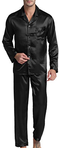 Sanraflic® Men's Satin Pajamas Long Button-Down Pj Set Sleepwear Loungewear (Black, M)