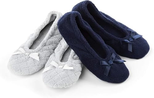 isotoner Women's 2 Pack Microterry Ballerina Slippers with Satin Bow, Suede Sole, and Terry Lining Ballet Flat, Light Grey Quilted, Navy Blue Solid, 4.5/5.5 UK