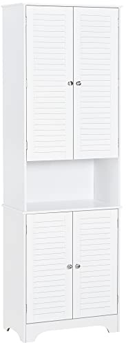 HOMCOM Tall Freestanding Bathroom Cabinet Retro Shutters w/ 3 Compartments Shelves Elevated Base Narrow Organiser White 60L x 30W x 182.5H cm