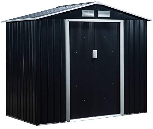 Outsunny Cobertizo de Jardín 2,42m² con Base de Refuerzo Sin Suelo 213x130x185 cm Caseta de Jardín Exterior con 2 Puertas Correderas y 4 Ventanas para Almacenamiento de Herramientas Gris Oscuro