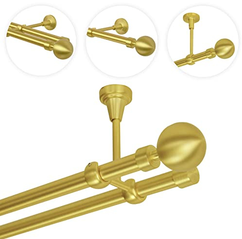 Gardinenstange 240 cm Deckenmontage | Vorhangstange 2 läufig Ø 19mm | Gold-Matt Messing Antik Vintage-Look Retro-Stil | Kugel