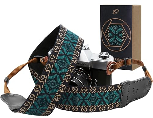 Padwa Lifestyle Mystic Green Embroidered Camera Strap - 2 Wide Cowhide Head, Embroidered Cotton Woven Vintage Camera Straps,Universal Neck & Shoulder Strap for All DSLR Cameras and Photographers