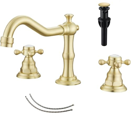 GGStudy Brushed Gold Bathroom Faucet, 2 Handles, 3 Holes Widespread