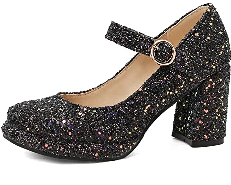 Scarpe Mary Jane da Donna con Tacco Largo, Pompe al Tallone Alto Punta Rotonda Fibbia Scarpe da Sera con Plateau Paillettes Moda Dancing Boots Bsomco Nero Numero 44 EU