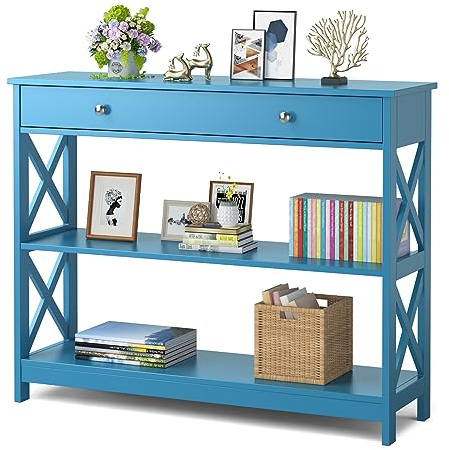 LIFEZEAL Mesa de Consola, Mesa de Entrada Estrecha, Mesa Auxiliar con cajón y estantes de Almacenamiento de 2 Niveles, 100 x 30 x 80 cm (Azul)