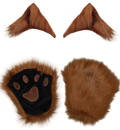Kidukso Tier Pfoten Handschuhe Set Mit Tierohr Kopfbedeckung - Fuchs, Wolf, Bär, Katze Krallen Fingerlose Pelzige Handschuhe - Karneval Halloween Cosplay Verkleidung Requisiten, Kamel