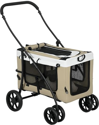 PawHut Poussette pliable animaux chien chat 2 en 1, nacelle amovible bandoulières 4 roues avec frein tissu 600D Oxford 81 x 58 x 97,5 cm kaki