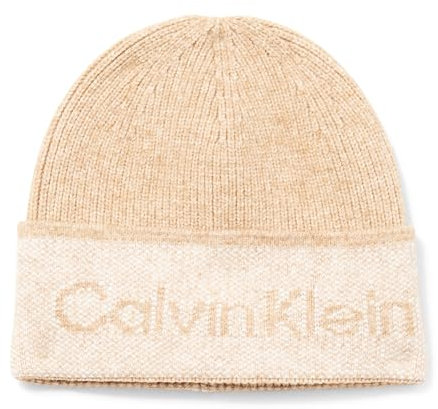 Calvin Klein Damen Soft Logo Cold Weather Birdseye Hat Beanie-Mütze, Melierte Mandel, Einheitsgröße