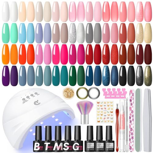 53pcs Kit Uñas Semipermanentes COSCELIA, 35 Colores kit de uñas semipermanentes con U V/LED Lámpara, Blanco Negro, 1 Base Coat y 4 Top Coat, Decoraciones y Herramientas para Uñas