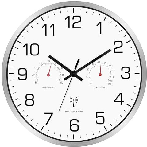 Couperoos Funk-Wanduhr Modern mit Thermometer & Hygrometer - Geräuschlose Wanduhr ohne Tickgeräusche 30cm, Wetterfest für Innen & Außen (Wohnzimmer, Küche, Büro, Garten)-Metall