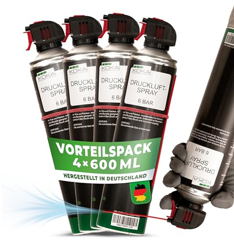 KOKA Aerosol de aire comprimido de 6 bares – 4 × 600 ml lata de aire comprimido | Kit de pulverización de aire comprimido y aire comprimido – Limpiador antipolvo para limpieza de PC, teclado, teclado