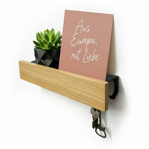SirHoldeer Porte-clés mural noir Home Sweet Home avec étagère en chêne naturel - organiseur d’entrée en métal et bois massif, 9 crochets