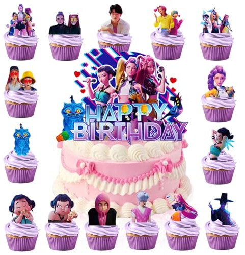 16Pcs Cute Anime Cake Decorations with 15pcs Cupcake Toppers, 1pcs Happy Birthday Cake Topper, Cartoon Themed Party Supplies, Perfect for Birthday Party Decorations