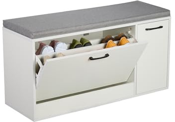 Panca Porta Scarpe Relaxdays, Seduta Imbottita, 53 x 100 x 37 cm, Panca da Ingresso, 9-12 Paia di Scarpe, Bianco/Grigio