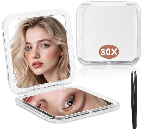 AMFUN Miroir Compact 30X, 8.5x8.5cm Miroir Grossissant Pliable des Deux Côtés, Petit Miroirs avec Grossissement pour Sortir, Voyager et Se Maquiller (Blanc)