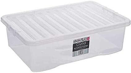 Wham Clear Plastic Storage Box Boxes With Lids Home Office Stackable Nestable, 32L Underbed, Set of 3