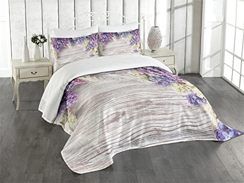 ABAKUHAUS Rustikal Tagesdecke Set, Flieder blüht Blumenstrauß, Set mit Kissenbezügen Waschbar, für Doppelbetten 264 x 220 cm, Violett Taupe