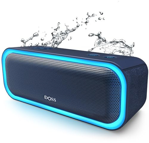 DOSS SoundBox Pro Portable Wireless Bluetooth Speaker with 20W Stereo Sound, Extra Bass, IPX6 Waterproof, Bluetooth 5.0, TWS Pairing, Multi-Colors Lights, 20 Hrs Playtime for Beach, Pool-Blue