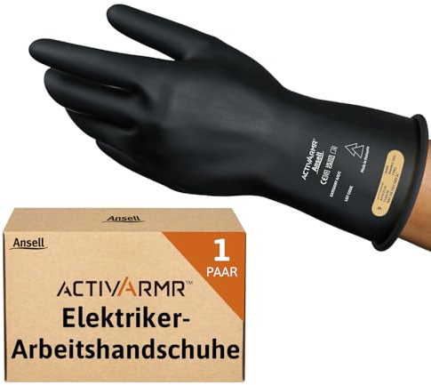 Ansell ActivArmr RIG011B, Gants de protection en caoutchouc, Gants latex noir flexibles et durables, Protection contre les éclairs d'arc, Gants électriciens, Gants de travail M, Noir, 1 paire