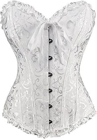 RHISLEO Women Lace Up Floral Burlesque Basque Bustier Shaper Overbust Boned Corset Top (Floral White, 8)