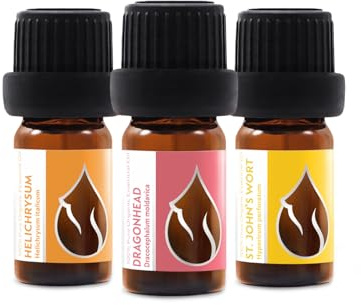 Set Glödande hud Essences Bulgaria Organiska Еteriska Оljor | Immortelle + Moldavien Drakhuvud + Johannesört | 100% Ren och Naturlig | Outspädd | Terapeutisk betyg | Icke-GMO | (3 st x 5 ml)