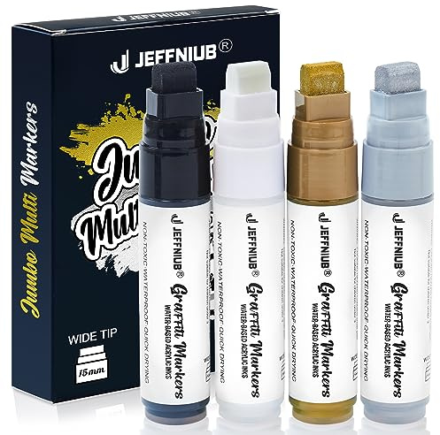 JEFFNIUB Acrylic Paint Pen Thick White/Black/Silver/Gold Jumbo Acrylic Marker Pens 5-15mm Square Paint Pens for Rock, Wood, Glass, Metal, Canvas, Posters