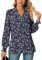 Aodemo Women's Fall Collared V Neck Business Blouse Loose Puff Long Sleeve Shirt Chiffon Tunic Dressy Tops with Smocked Cuffs M, Floral Navy Blue