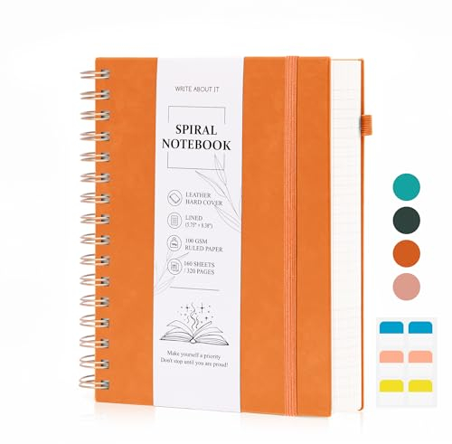 Notizbuch A5 Liniert, Hardcover Journal Tagebuch Mit 100GSM Dickes Papier, Ringbuch Notizbücher 320 Seiten, Ledereinband Spiralblock Notebook Mit Innentasche Und 30 Index-Registerklebern (Orange)