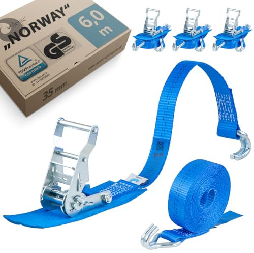 valonic NORWAY - 4x 6m ratchet straps with hooks, 35mm, 1000/2000 Kg, protection pad, TÜV Rheinl. & GS certified, EN-12195-2 - two-piece tensioning straps for trucks, trailers, blue