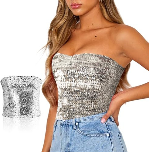 UILYNIU Pailletten Oberteil Damen, Glitzer Pailletten Tank Top Trägershirt Damen Tube Top Sexy Ärmellos Bandeau Top für Party (DE/NL/SE/PL, Alphanumerisch, Einheitsgröße, Regular, Regular, Silber)