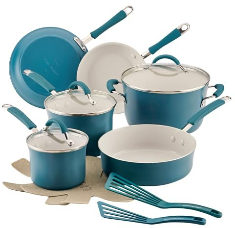 Rachael Ray Cucina 13 Piece Ceramic Non Stick Pot and Pan Set with Pots, Sauteers, Stockpots, Lids, Pan Protectors and Cookware Set - Navy Blue