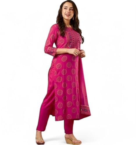 RangMahal - Set da donna in rayon Gota Work with Sequence Kurti con pantaloni Dupatta, Rosa, X-Large