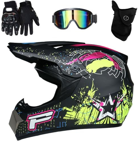 9-14 Ans Unisexe Visage Intégral Casque Motocross, Approuvé par Le Dot, avec Lunettes Gants Masque, Jeunesse Enfants Hors Route Moto Karting Accident Casque(Y4,L(56-57cm))