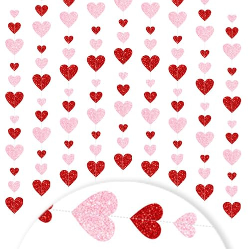 Heart Garland Hanging Decor, 5 Pack Red & Pink Foil Hearts DIY Valentine's Day Party Supplies Romantic Wedding Backdrop Baby Shower & Anniversary Decorations